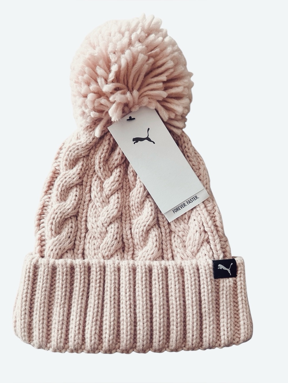 Puma pink cable-knit pom-pom beanie